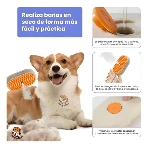 Cepillo A Vapor Perros Gatos Peine Masajeador Saca Pelos
